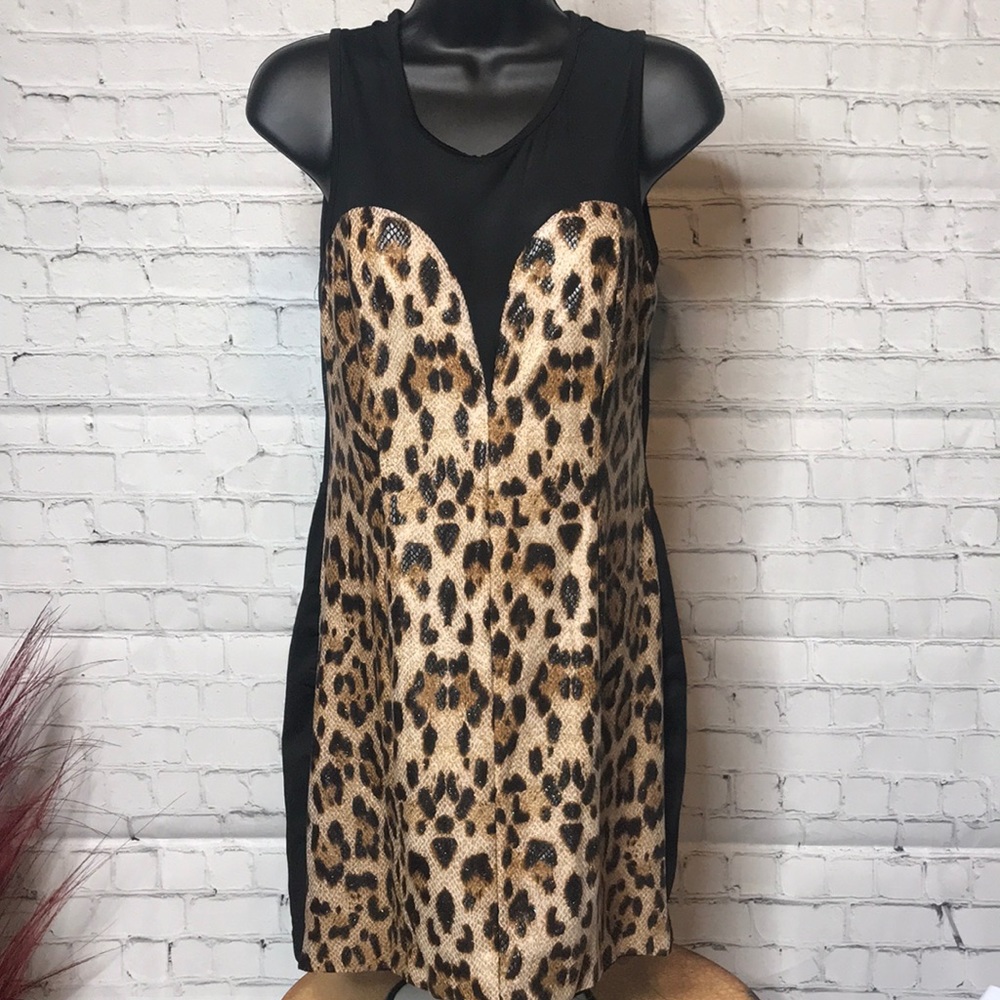 EUC Body Central Sexy Mini Leopard Print & Sheer Dress